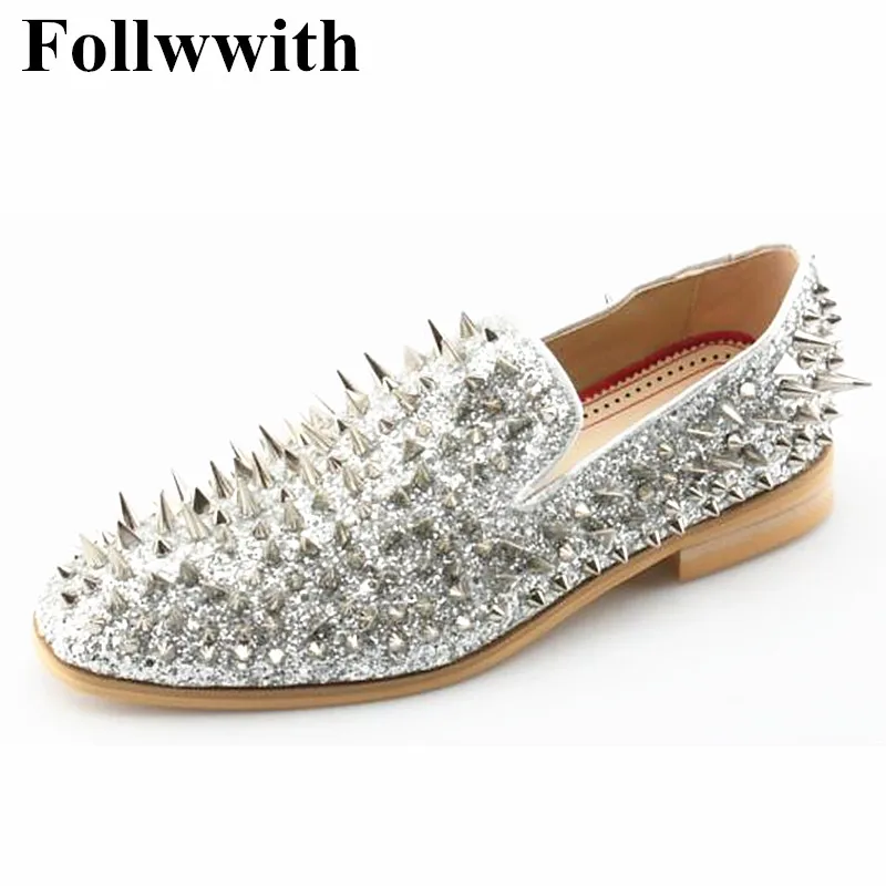 

2019 Hot Sales Top Quality Irregular Sliver Rivets Shiny Leather Men Loafers Slip On Flats Casual Shoes Party Wedding Shoes Men