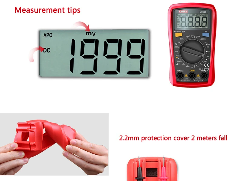 UNI-T UT33A+ размер ладони цифровой мультиметр тестер подсветка AC DC Вольтметр Амперметр Омметр измеритель емкости