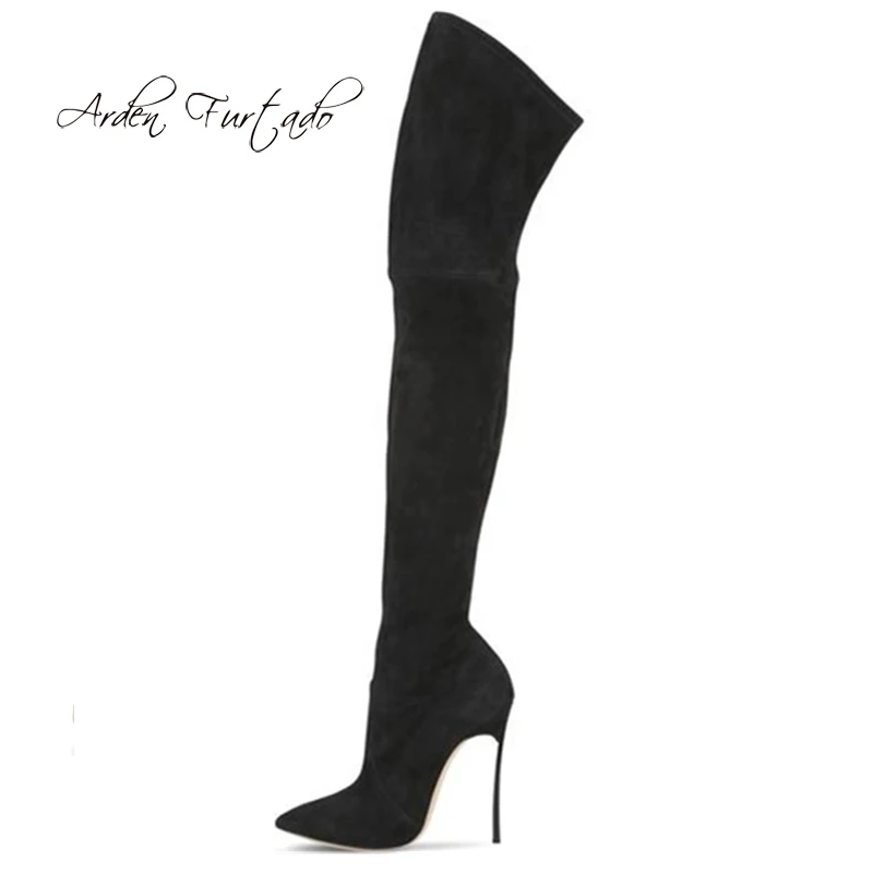 

Arden Furtado 2018 autumn sexy stilettos party shoes ladies slip on pointed toe high heels 12cm stretch boots big size 41 42 43