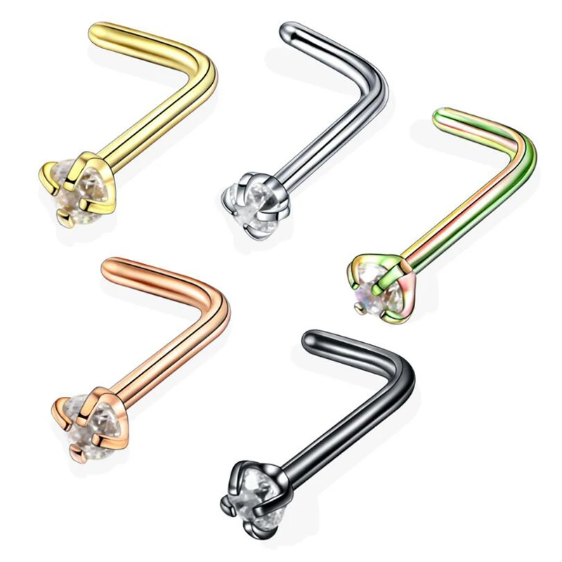 2Piece 0.8x7x2mm nostril nose stud L Shape nose ring Round Zircon Nose