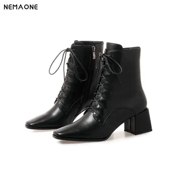 

NEMAONE Ankle Boots women high heels boots autumn winter shoes lace up high quality genuine leather women boot large size 33-42