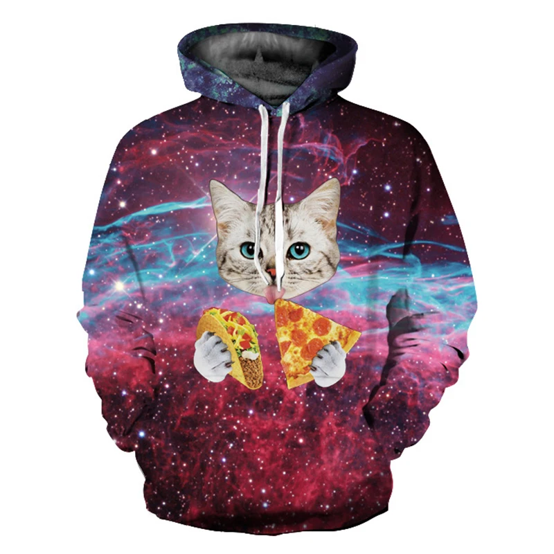 Cute Cat Hoodie Men 3d Printed Pizza Space Galaxy Hoodie Sweatshirt
