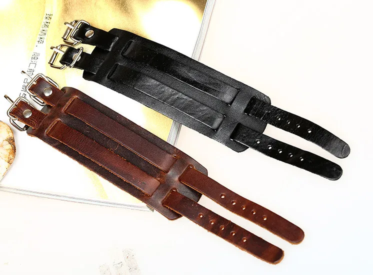 NIUYITID женские коричневые широкие настоящие винтажные кожаные браслеты в стиле панк с двойной пряжкой Шарм Braslet ювелирные изделия, браслеты