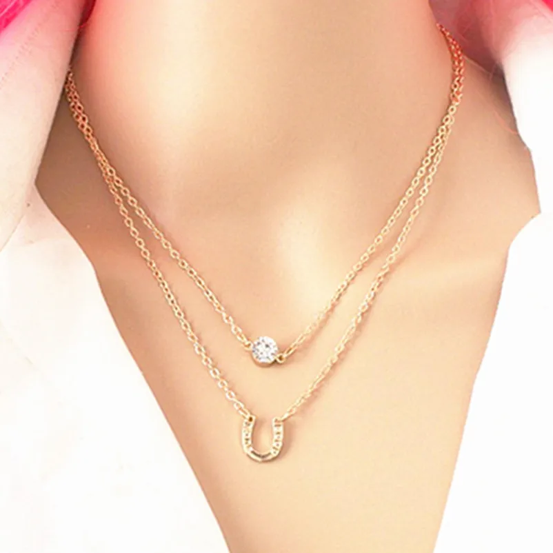 

Chain Necklace Rhinestone U Multi Layer Chains Chokers Necklaces Gold-color Crystal pendant Women Fashion Jewelry Wholesale x129