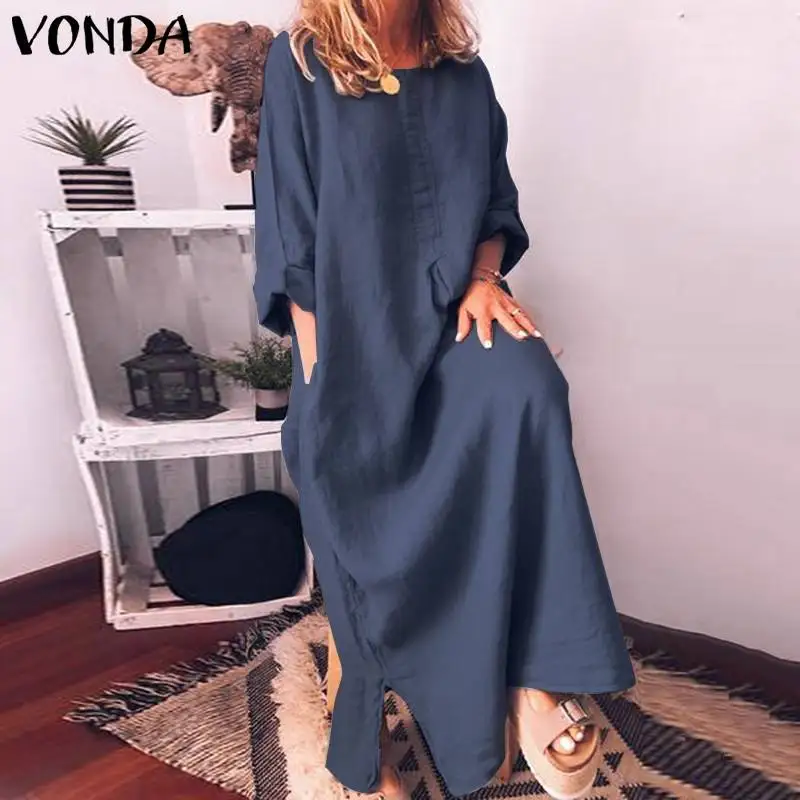 

2019 VONDA Fashion Women's Summer Dress Plus Size Casual Maxi Long Dress Female Sexy Split Hem Dress Long Sleeve Party Vestidos