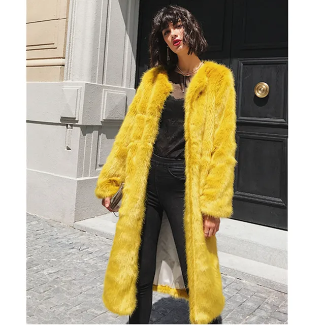2017 Solid color Yellow Hairy Shaggy Faux Fur Coat High quality 2017 ...