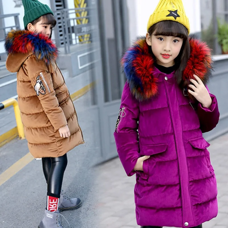 

2019 Girls Winter Jackets Children Fashion Coloured fur Warm Parkas Girl Thickening Hooded Long Down Cotton Coats Kids Clothes