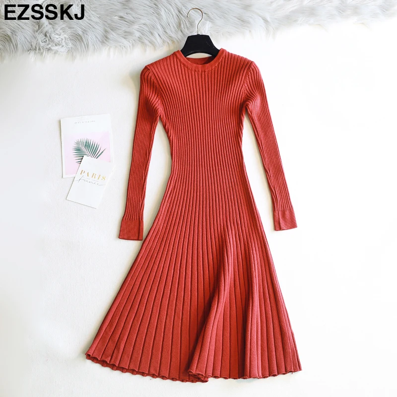 elegant Long sleeve OL O-neck long Sweater dress women Thick knit Autumn Winter dress female Slim A-line basic dress casual pink dress