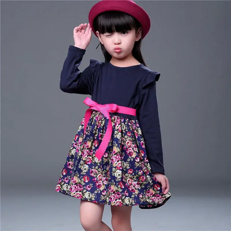 

Girls Lovely Belt Stitching Floral Print Autumn Clothes Dress Rose Red Black Kids O-neck Long Sleeve Casual Dress for 2-7Y Girls