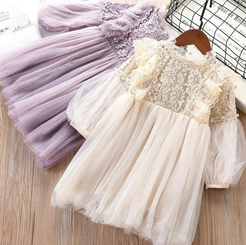 Детские кружевные платья с оборками и бусинами для девочек на весну, детское платье принцессы с длинными рукавами фиолетового и кремового цветов, 5 шт./партия