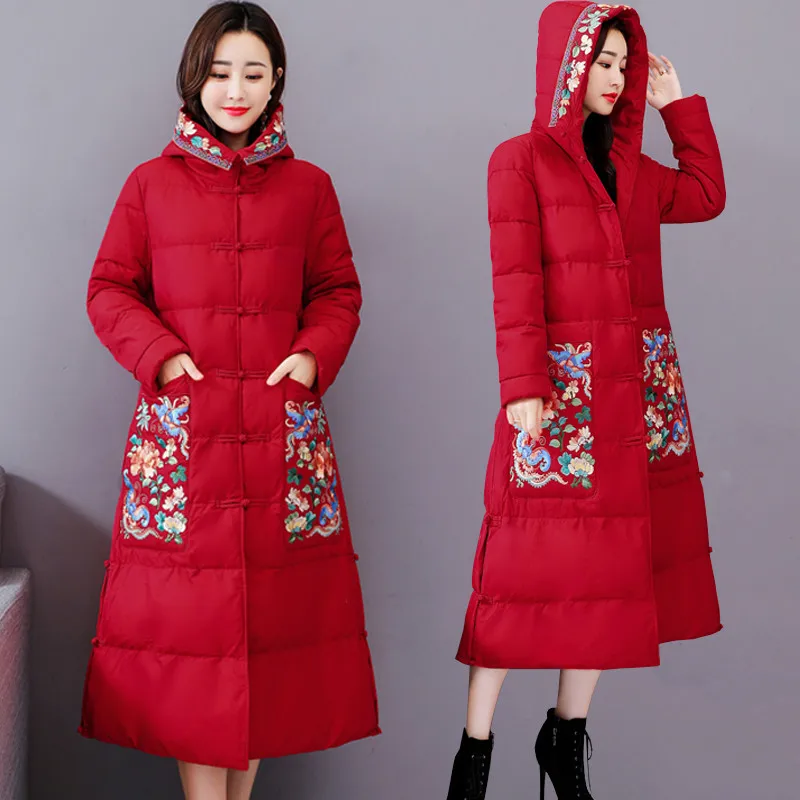 

Plus Size 4XL Vintage Embroidered Winter Down Cotton Jacket Women Parka Thick Long Overcoat Coat Women Warm Hooded Parkas C5684