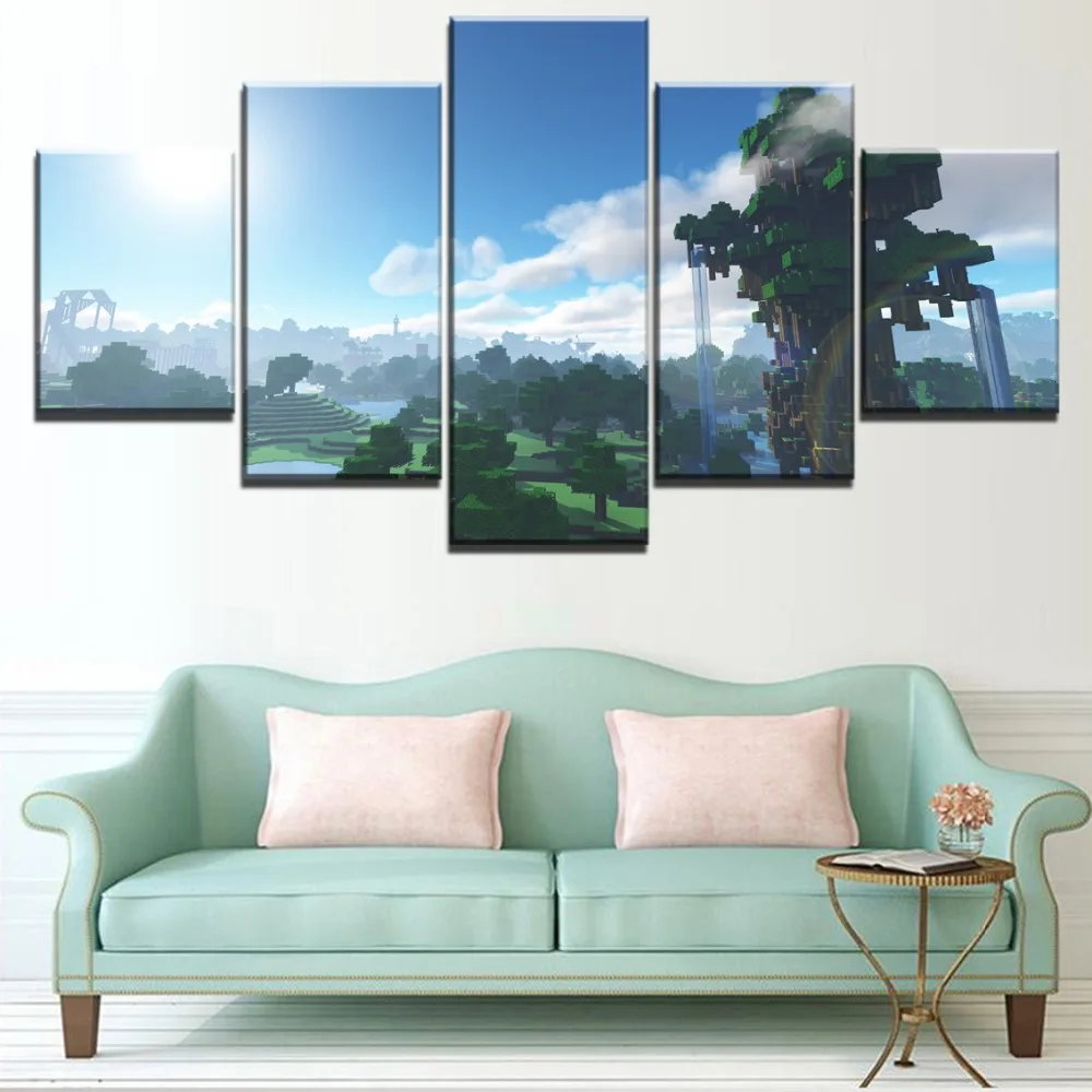 

Modular Picture 5 Panel Forest Jungle Game Minecraft Poster Sky Tree Landscape Picture Home Decoration Wall Art Canvas Painting