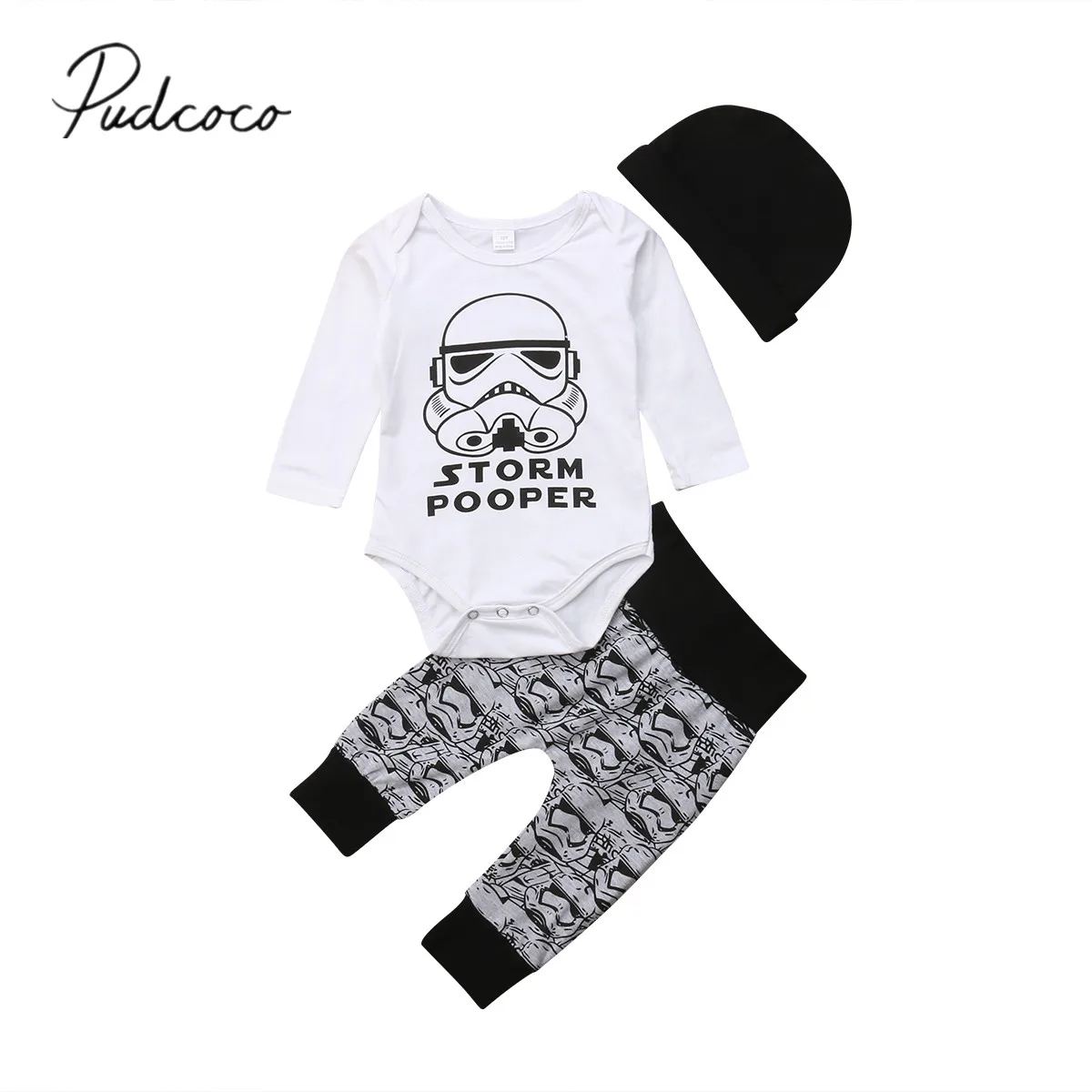 

2018 Brand New 0-18M Toddler Baby Boys Clothes 3PCS Long Sleeve Cartoon White Romper Tops+Long Pants+Hats Autumn Winter Sets