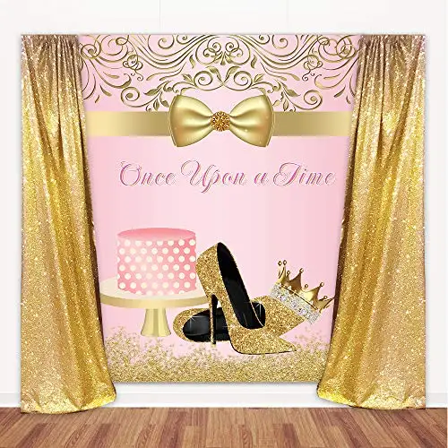 

NeoBack Once Upon a Time Birthday Backdrop Pink Gold High Heel Photography Background Girl's Birthday Party Banner Decoration