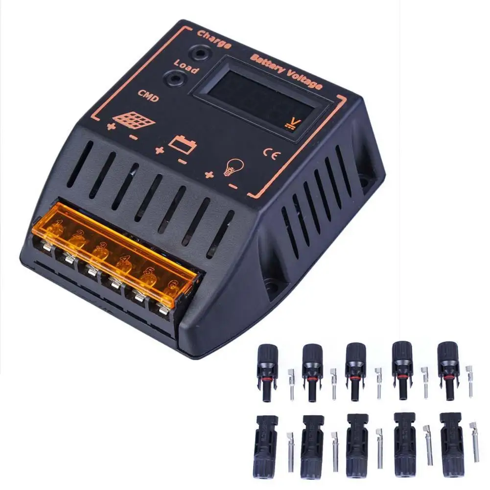 

20A Solar Charge Controller 12V 24V LCD Display Autoswitch Solar Charger Regulator + 5 Pairs MC4 M/F Solar Cable Connectors