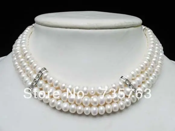 

HOT 00912 chocker 3 strands white pearl 7mm rondelle beads necklace