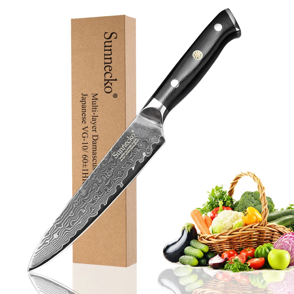 SUNNECKO Damascus Chef Slicing Santoku Utility Paring Bread Knife Japanese VG10 Steel Cutter G10 Handle 6PCS Kitchen Knives Set