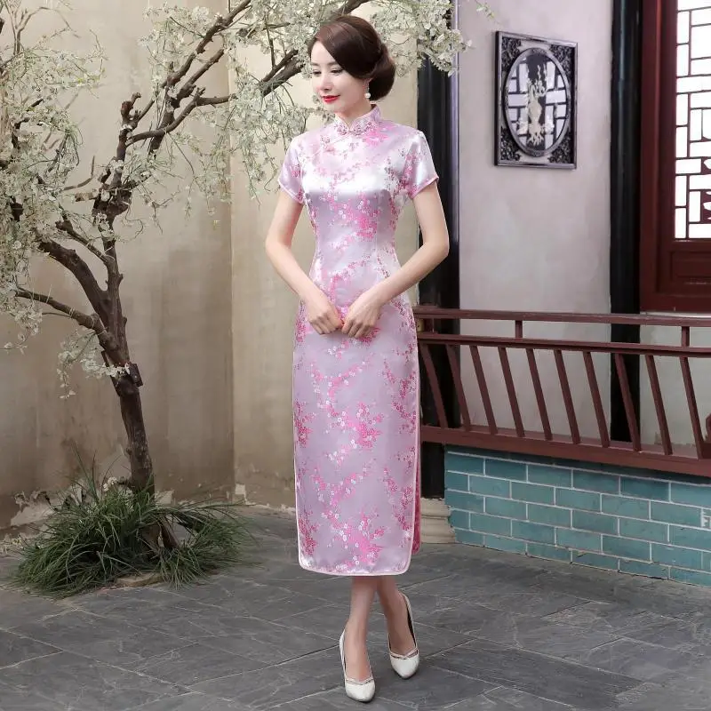 Черный, красный китайское традиционное платье Для женщин Cheongsam Qipao летние шорты рукавом длинное платье цветок размеры S M L XL XXL 3XL 020204