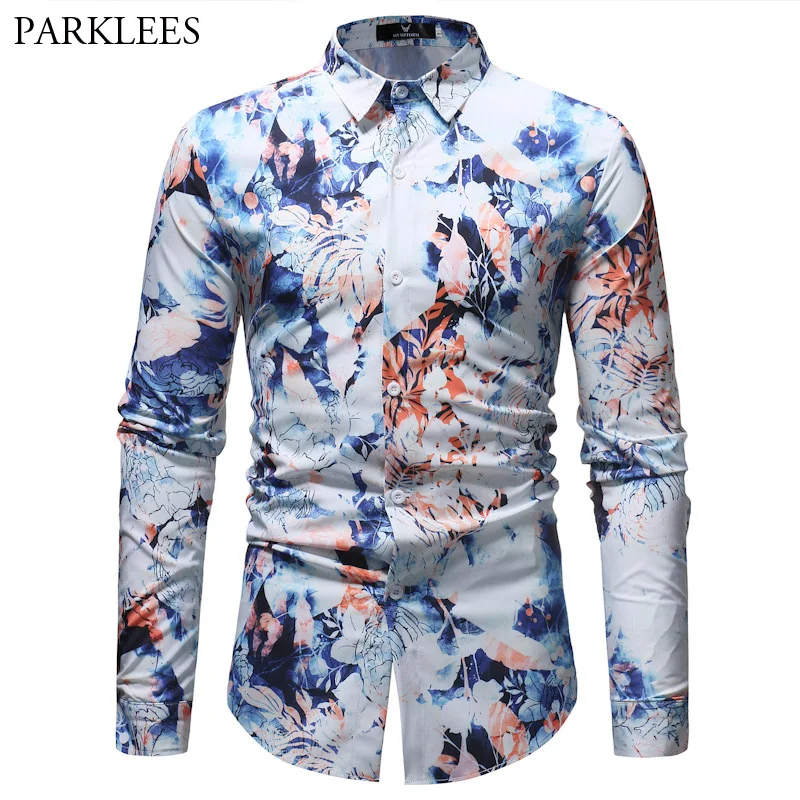 

Floral Flower Print Fashion Shirt Men 2018 Spring Autumn Long Sleeve Slim Fit Dress Shirt Men Casual Party Holiday Camicia Uomo