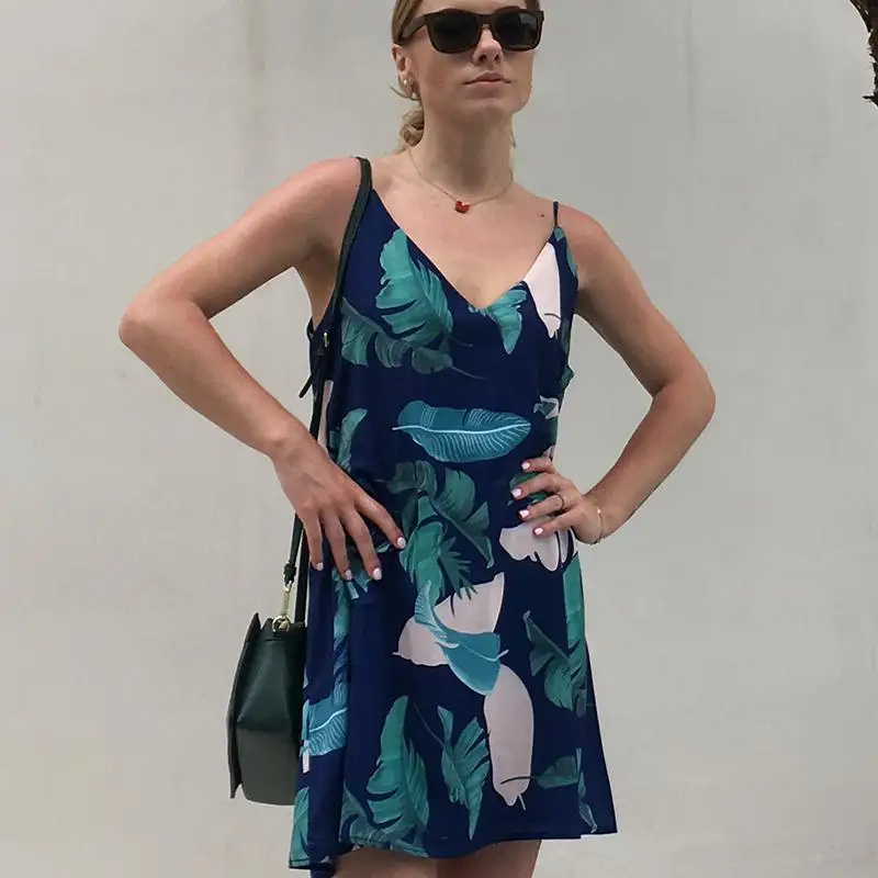 

2019 Summer Dress Women Leaf Print Chiffon Spaghetti Strap Boho Style Short Beach Dress Sundress Casual A-Line Dresses Vestido
