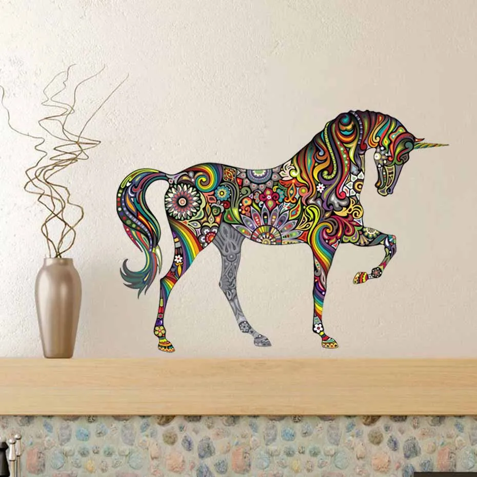 Colorful Flower Pattern Horse Wall Stickers Abstract Art Design Decorative Wall Decal For Living Room Vintage Home Decor