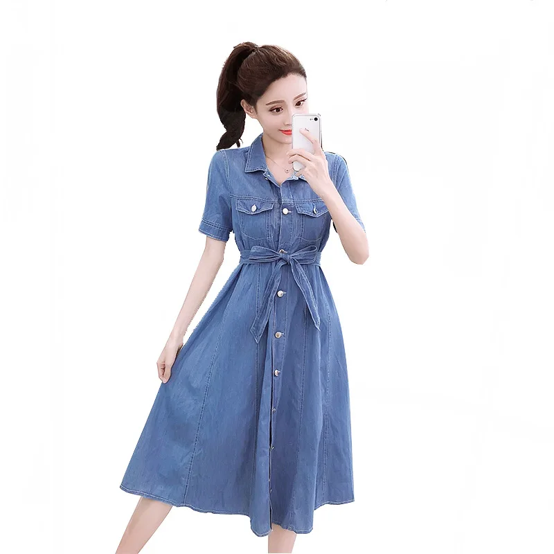 

Women Denim Dress Loose Long-sleeved Denim Dress Long Denim Shirt Dress Spring Single-breasted Jeans Cardigan With Tie Belt