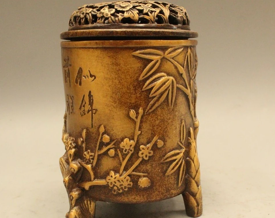 

5" Marked Chinese Copper Pine Plum Blossom Bamboo Tree Incense Burner Censer