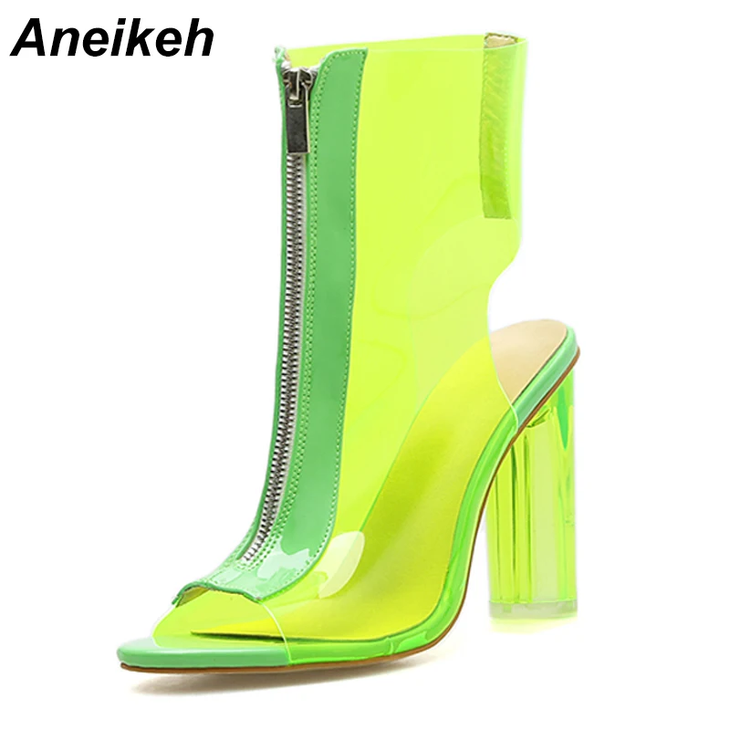 

Aneikeh Fashion Women Summer Boots Clear Jelly Sandals Crystal High Heel Ankle Boots Peep Toe Shoes Rubber Booties Size 41 42