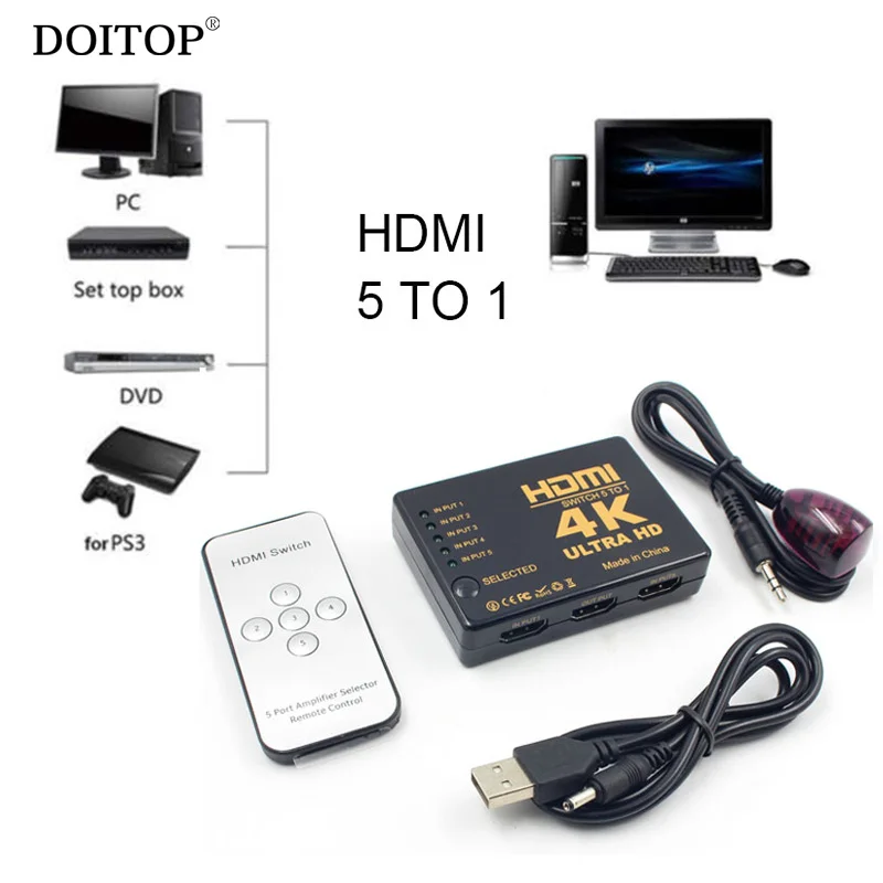 DOITOP 4k 1080P 5 к 1 коммутатор для Xbox HDTV DVD с ИК-пульт Управление 5 Порты и разъёмы HDMI Splitter Switcher переключатель коробка селектор Hub выносной ИК порт для ТВ бокса