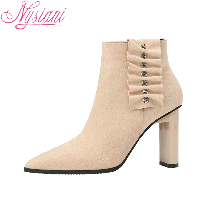 

2018 Pointed Toe Women Ankle Boots High Heel Shoes Brand Designer Autumn Winter Sexy Thick Heels Short Boots Women Nysiani