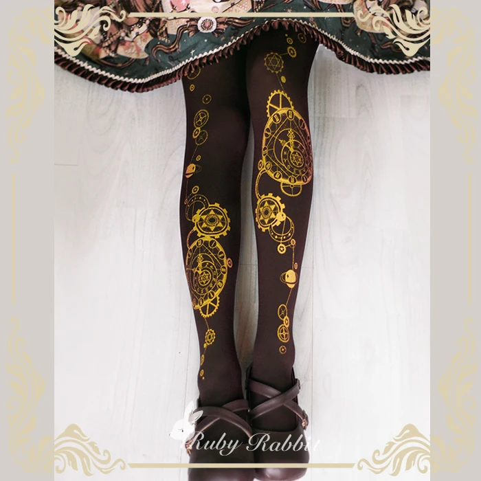 

Steampunk Tights Astrological Clock & Gear Printed Lolita Pantyhose/Tights 120d Velvet Tights