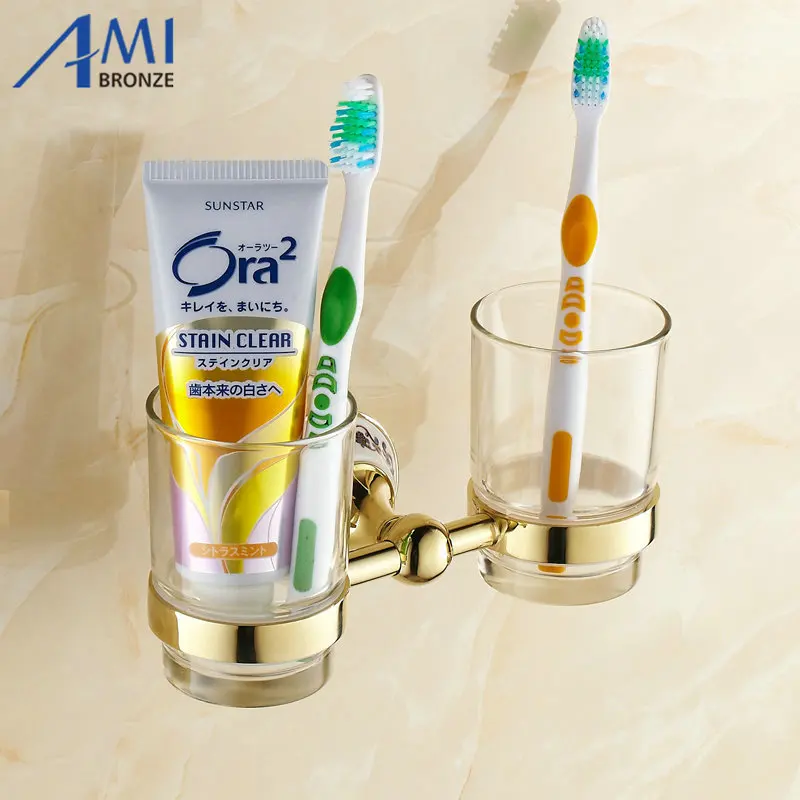 

Golden Stainless steel Cup & Tumbler Toothbrush Holder 2cups holder Wall Mounted Bathroom Accessories 7007GP