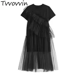 Tvvovvinin Женское Платье асимметричное Сетчатое лоскутное поддельное двухсекционное винтажное платье асимметричные черные белые длинные