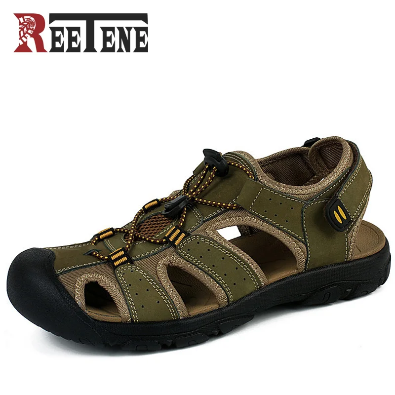 

REETENE Size 38-48 Genuine Leather Men Sandals New 2017 New Summer Walking Sandals For Man Fashion Outdoor Slippers Casual Shoes