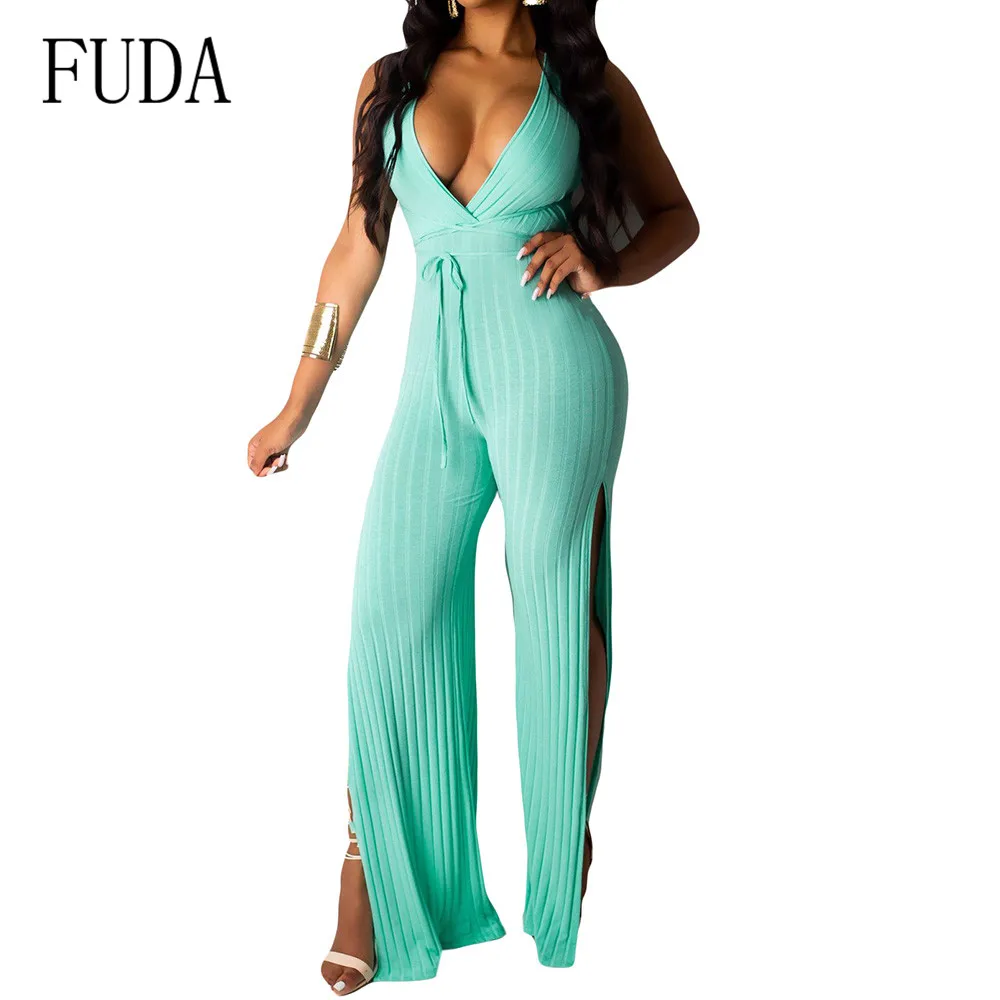 

FUDA Sexy Bodysuits Women Sleeveless Summer Rompers Elegant Deep V-neck Hollow Out Bodycon Bandage Basic Playsuits Overalls