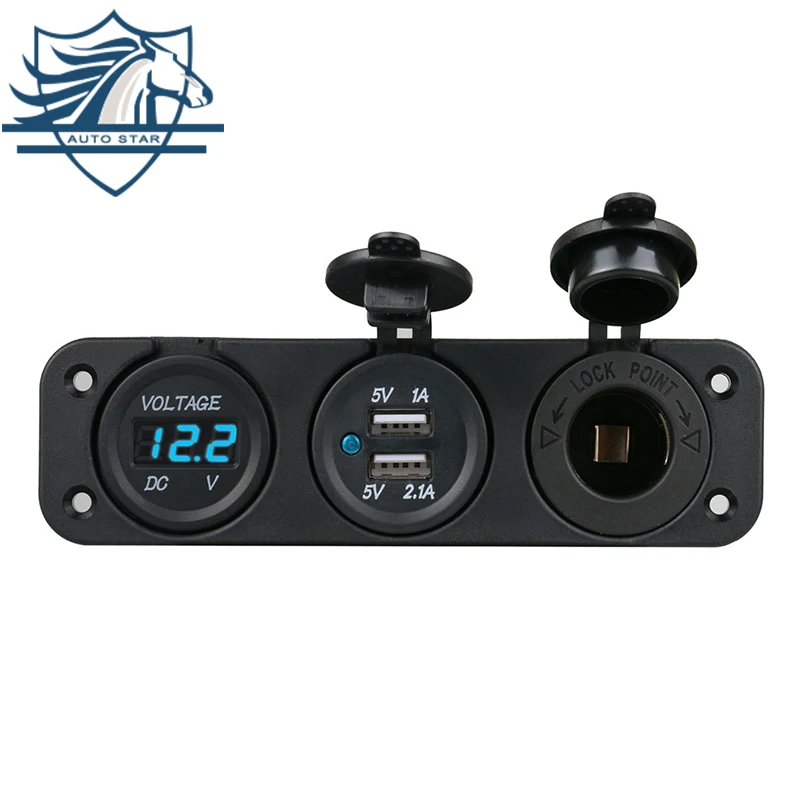 

Car Boat Combination Switch Panel Blue Light Digital LED Voltmeter Dual 5V USB 12V Cigarette Lighter for 12V/24V Marine Vehicle