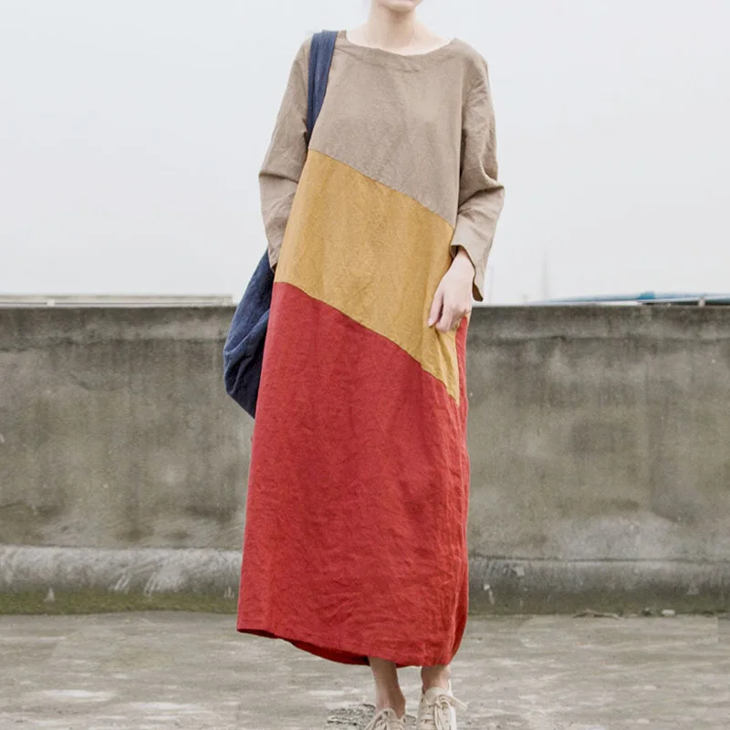 

Johnature High Quality Ramie Dress 2019 Spring New O-Neck Long Sleeve Patchwork Color Vintage Women Clothing Chinese Robes