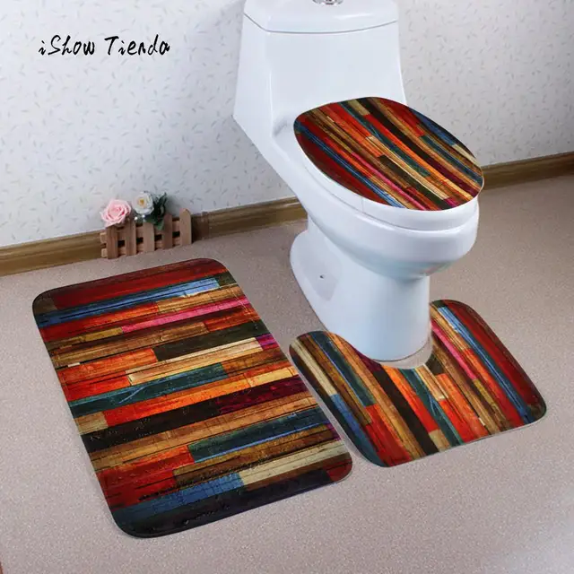 3pcs Colorful Wooden Board Seat Cover And Rug Bathroom Set Decor 3pcs Colorful Wooden Board Seat Cover And Rug Bathroom Set Decor Comfortable Tank Toilet Contour