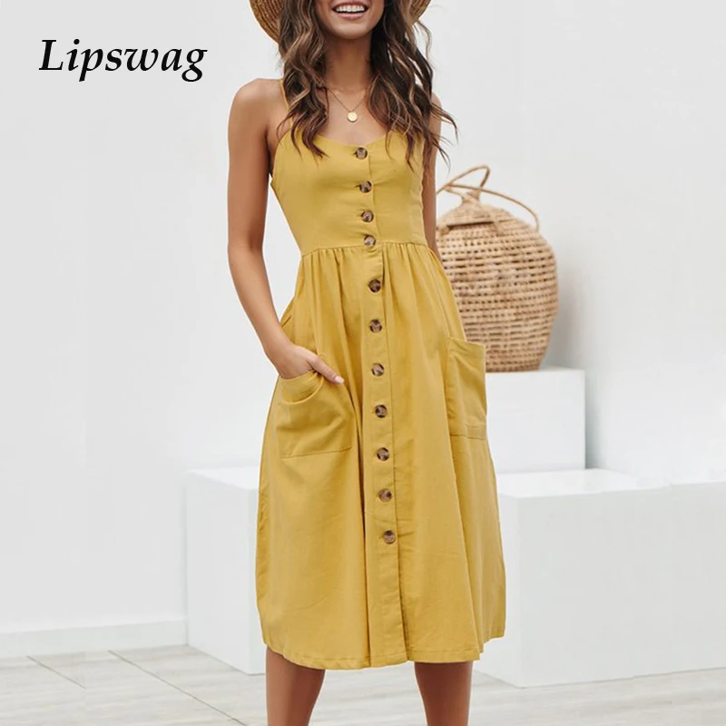 

Lipswag 3XL Summer Strap Print cotton Dress Women Sexy V neck Button Beach Dress casual Sleeveless Pocket Midi Dresses Sundress