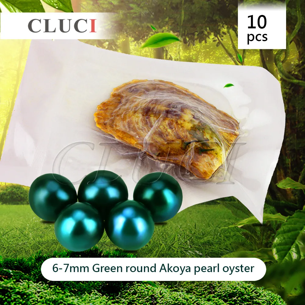 CLUCI 10pcs 6 7mm Akoya Green skittle Pearls in Oysters with vacuum packing Bright Colorful Round
