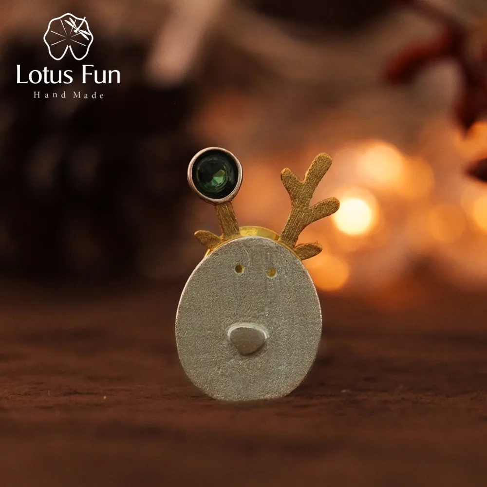 Lotus Fun реальные стерлингового серебра 925 натуральный турмалин ручной работы Ювелирные украшения Рождество радости милый олень Броши Best подарок
