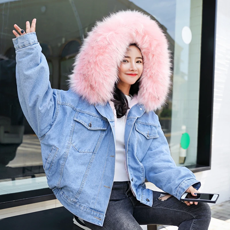 Greatest  Winter Fur Denim Jacket Women Fashion Faux Rabbit Fur Blue Jeans Jacket Coat with Warm Lining Femal