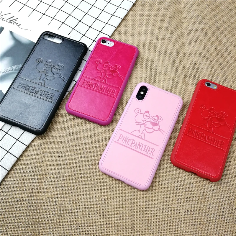 

Cute 3D Pink Panther Couple case for iphone X 10 8 7 6 6s plus soft luxury Silicone leather phone cover for iphone X coque capa