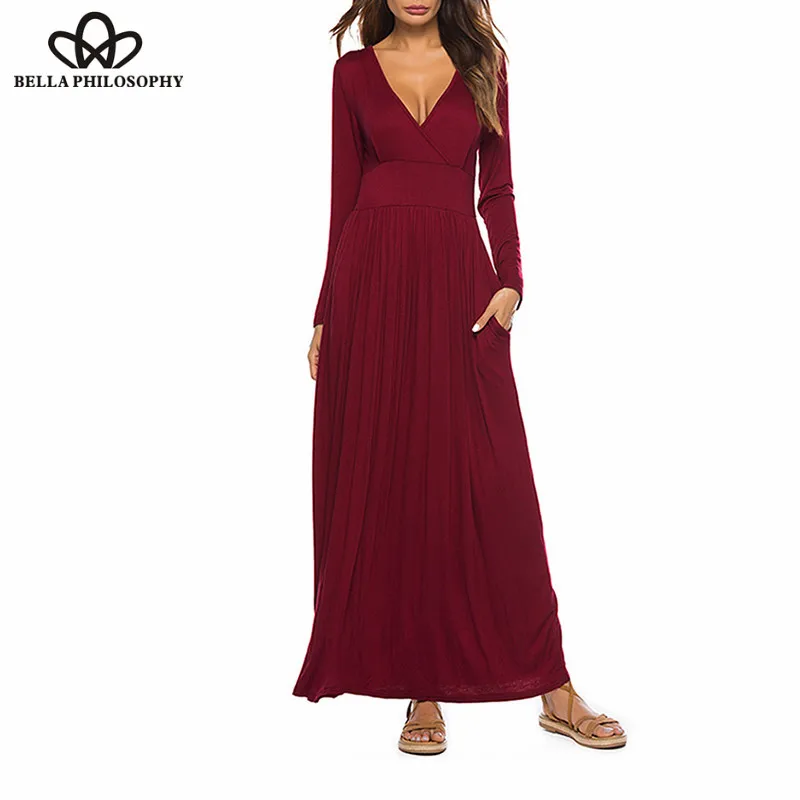 Wonder Berydress Women Casual V-Neck Elegant Female Vintage Party Dress Pockets Full Sleeve Maxi Long Dress Vestidos 2019 S-XXL