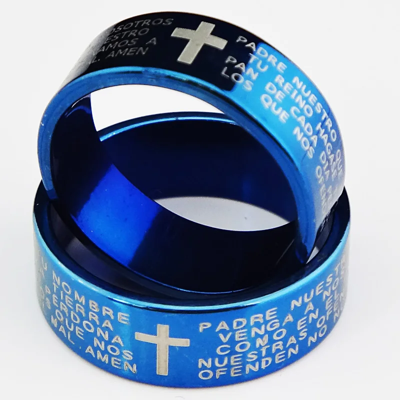 Натуральная воловья 6 м религиозные синий 316L Титан Нержавеющая сталь крест стихов Для Мужчин's Для женщин кольцо бижутерия оптом A065