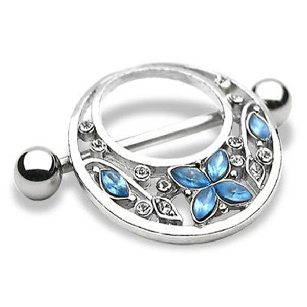 Showlove Nipple ring bars CZ gem butterfly flower nipple shield barbell