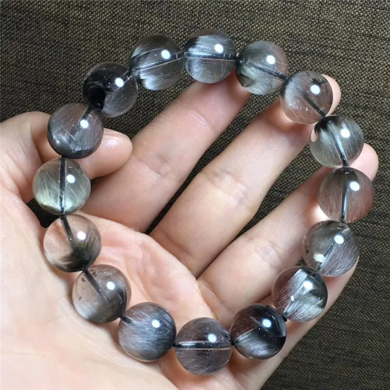 13mm Natural Brookite Platinum Silver Rutilated Quartz Crystal Bracelet Clear Round Beads Woman Man Lucky Gift Gemstone AAAAAA | Украшения