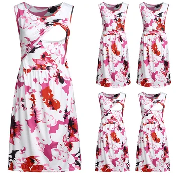 

Maternity Summer Dresses Women Breastfeeding Floral Print Sleeveless Dress Photography Props Ropa Premama Plus Size Clothing
