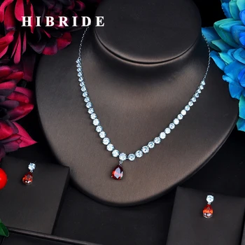 

HIBRIDE Romantic Red Tear Drop Shape Jewelry Sets Women Jewelry Accessories Necklace Sets Spark Cubic Zirconia Jewelry N-559