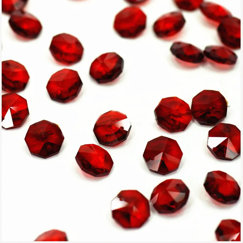 

100pcs/lot 14mm Dark Red Glass Crystal Octagon Beads in one hole(Free rings) Crystal Chandelier Beads, Crystal Curtain beads